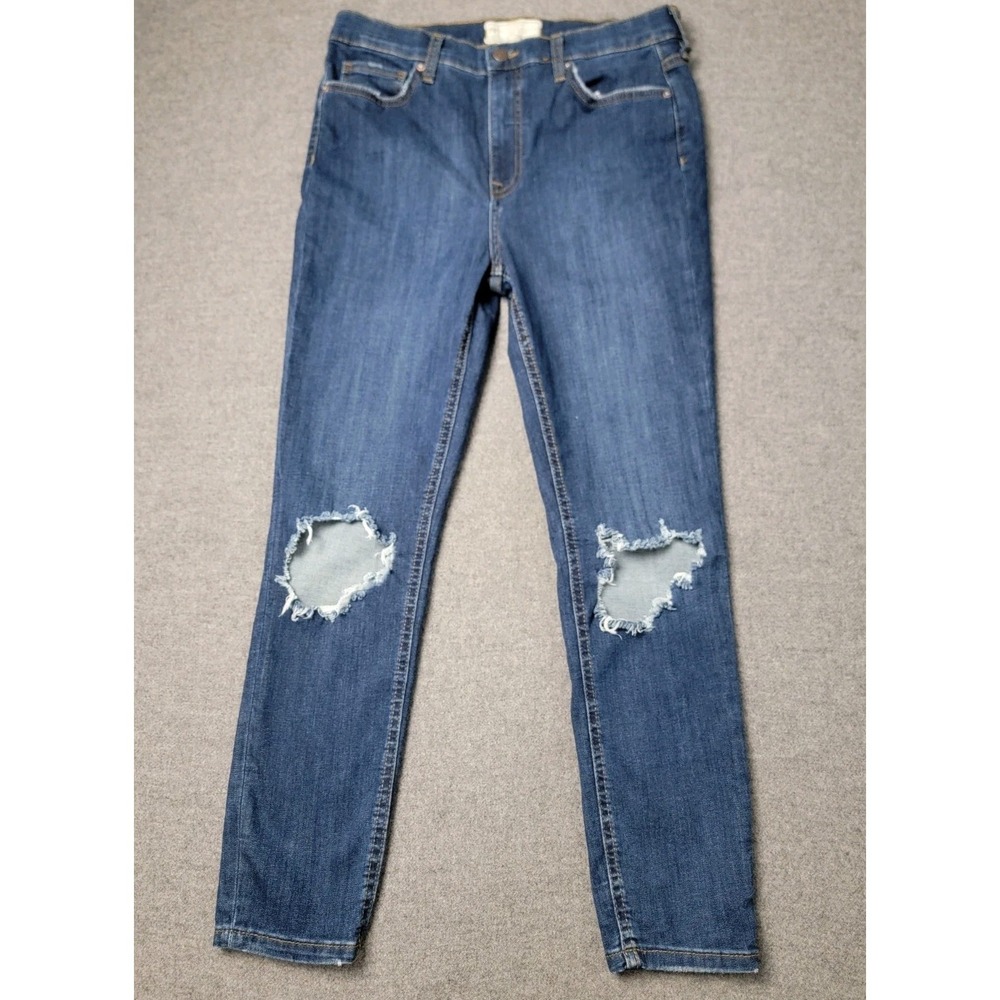 Free People Women's Jeans W31 Skinny‎ Distressed Ripped Knees Stretch Blue Denim